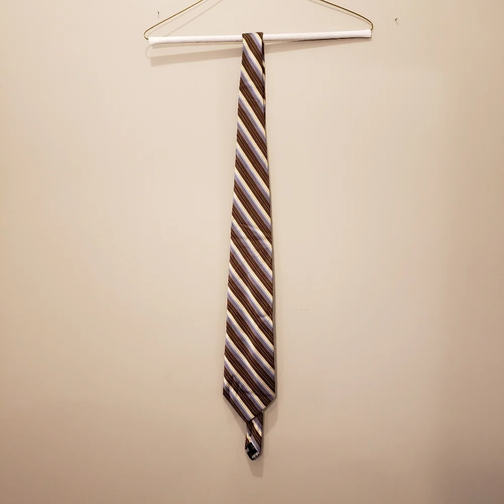 Paul Dione Silk Tie Gold Beige Navy Blue Stripes 4